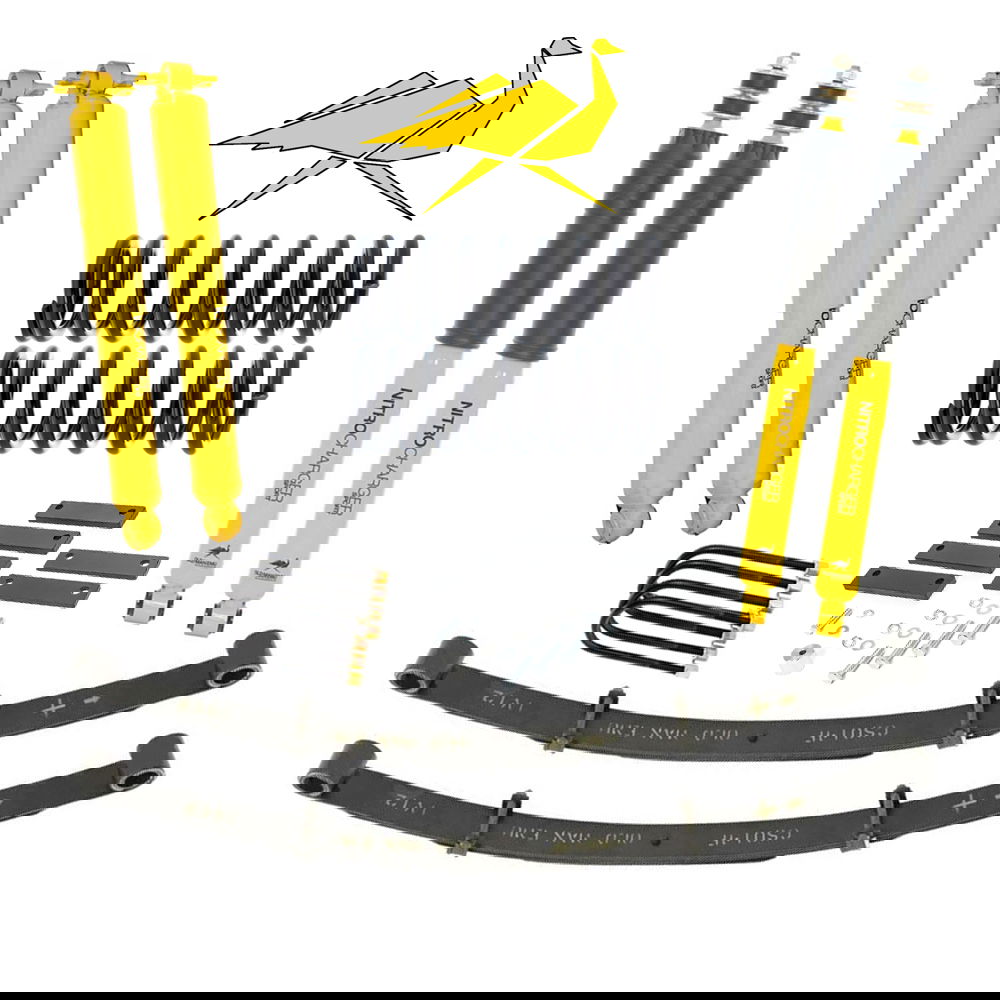 Suspension lift kit with coil and leaf springs, shock absorbers, u-bolts, yellow