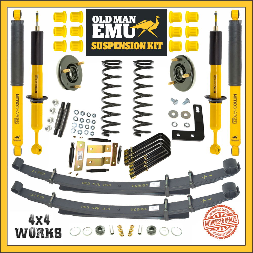 Suspension lift kit with leaf and coil springs, shock absorbers, struts, top mounts, u-bolts, shackles, pins, bushes, yellow