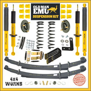 Suspension lift kit with leaf and coil springs, shock absorbers, struts, top mounts, u-bolts, shackles, pins, bushes, yellow