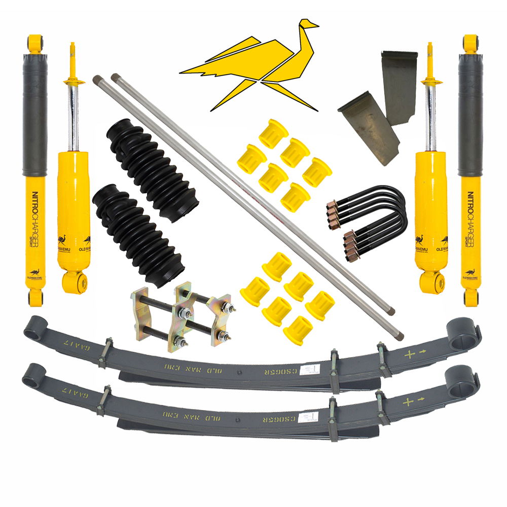 Suspension lift kit with torsion bars, leaf springs, shock absorbers, struts, bushes, shackles, u-bolts, yellow