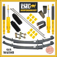 Suspension lift kit with torsion bars, leaf springs, shock absorbers, steering stabiliser, bushes, pins, shackles, u-bolts, yellow