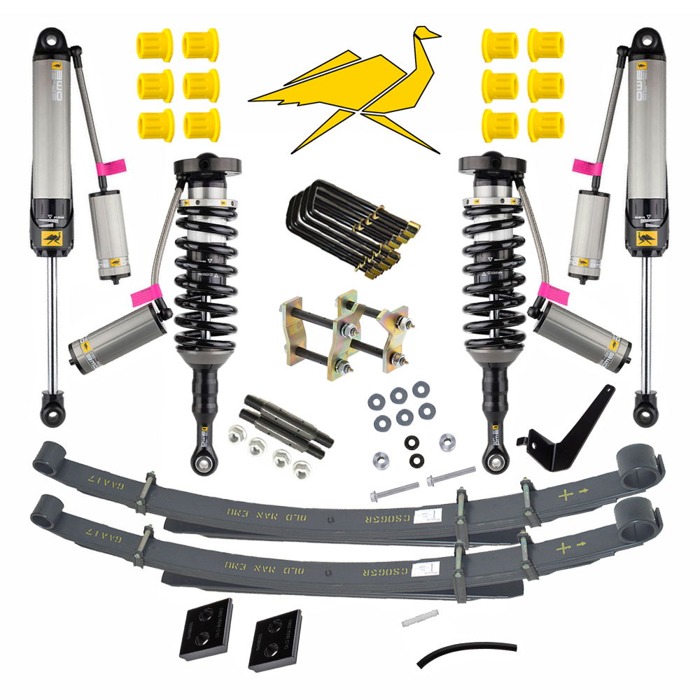Suspension lift kit, leaf and coil springs, BP-51 adjustable shock absorbers, bushes, u-bolts, shackles, pins, brackets, yellow