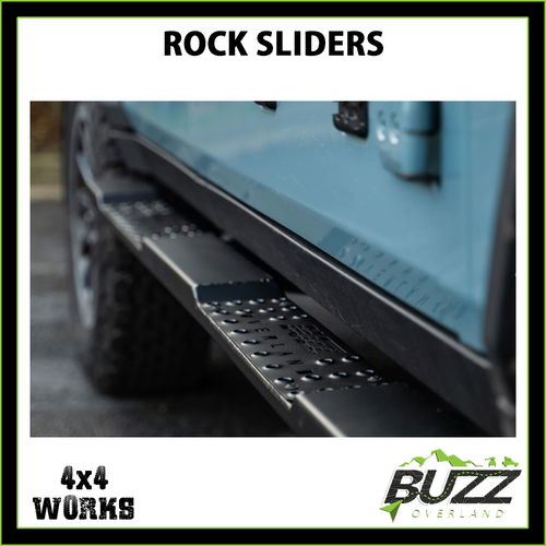 Buzz Overland stainless steel rock sliders with black finish