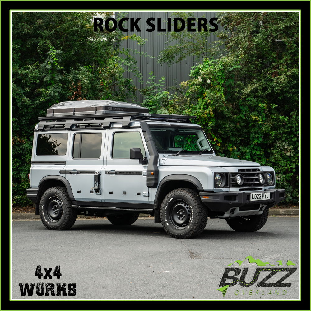 Buzz Overland stainless steel rock sliders with black finish