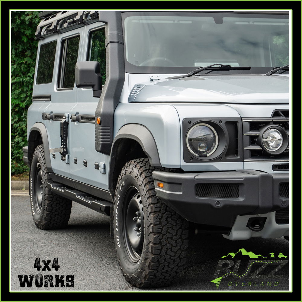 Buzz Overland stainless steel rock sliders with black finish