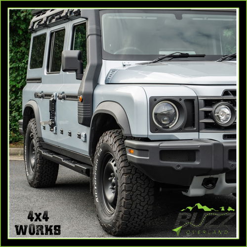 Buzz Overland stainless steel rock sliders with black finish