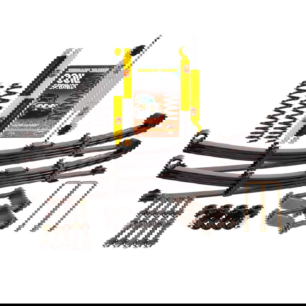 Suspension kit including leaf or coil springs, shock absorbers, bushes or bolts