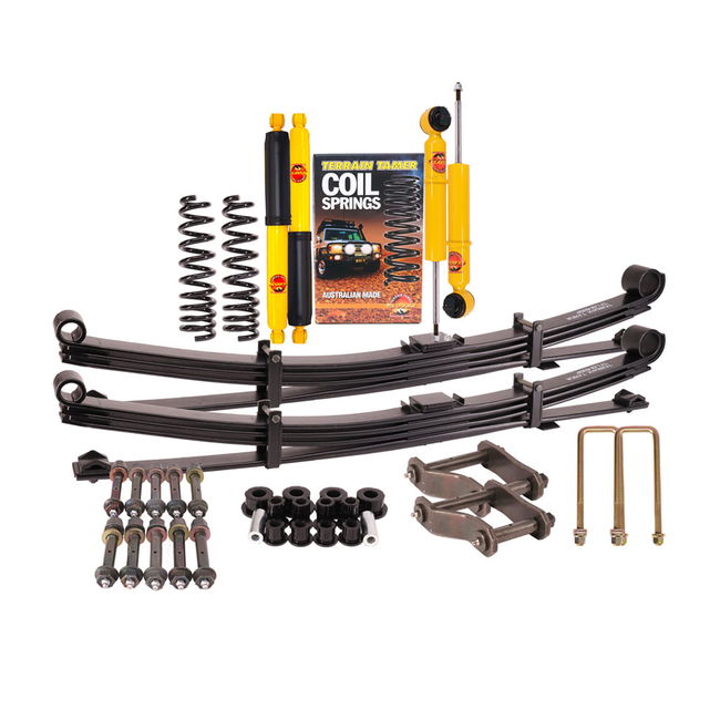 Suspension kit including leaf or coil springs, shock absorbers, bushes or bolts