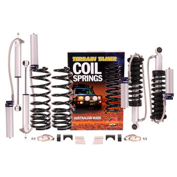 Suspension kit including leaf or coil springs, bypass shock absorbers, bushes or bolts