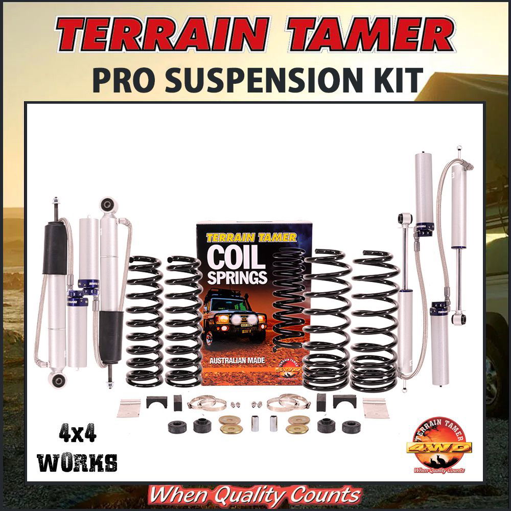Suspension kit including leaf or coil springs, bypass shock absorbers, bushes or bolts