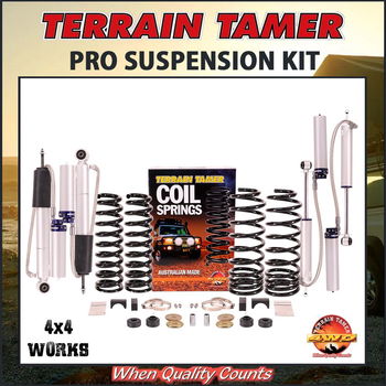 Suspension kit including leaf or coil springs, bypass shock absorbers, bushes or bolts