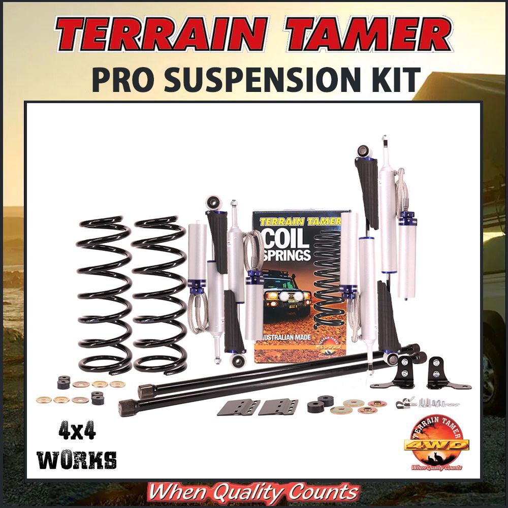 Suspension kit including leaf or coil springs, bypass shock absorbers, bushes or bolts