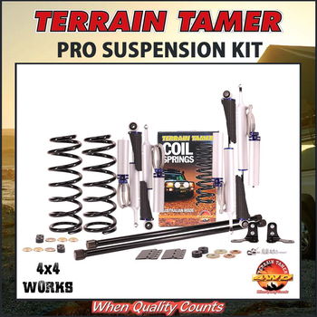 Suspension kit including leaf or coil springs, bypass shock absorbers, bushes or bolts