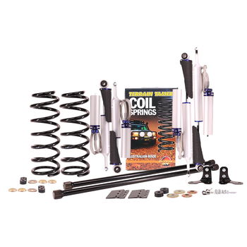 Suspension kit including leaf or coil springs, bypass shock absorbers, bushes or bolts