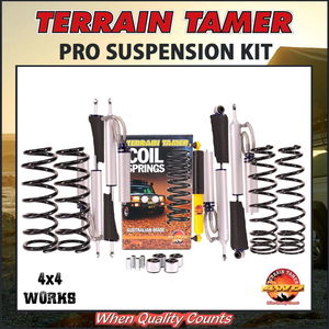 Suspension kit including leaf or coil springs, bypass shock absorbers, bushes or bolts