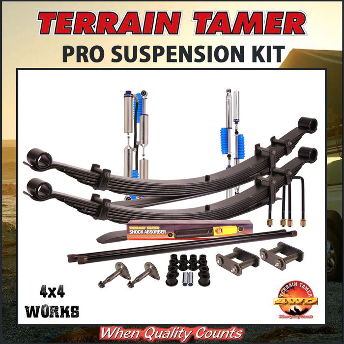 Suspension kit including leaf or coil springs, bypass shock absorbers, bushes or bolts