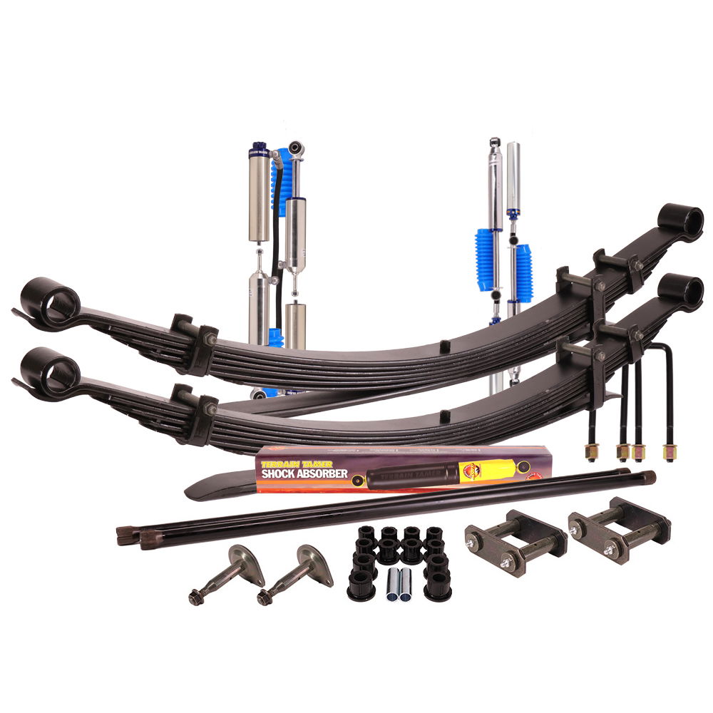 Suspension kit including leaf or coil springs, bypass shock absorbers, bushes or bolts