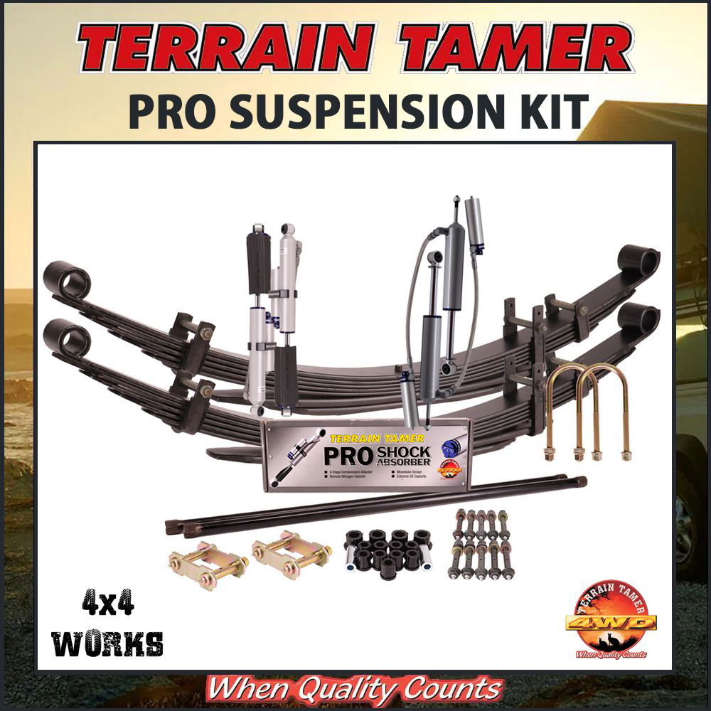 Suspension kit including leaf or coil springs, bypass shock absorbers, bushes or bolts