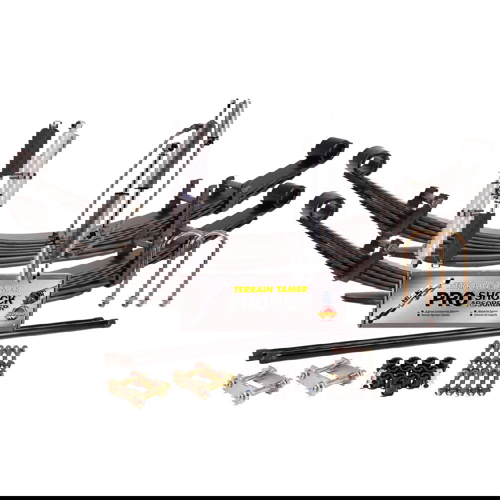 Suspension kit including leaf or coil springs, bypass shock absorbers, bushes or bolts