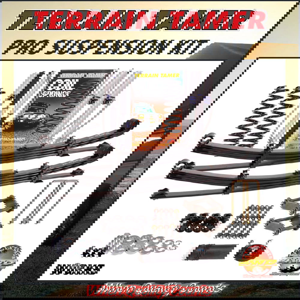 Suspension kit including leaf or coil springs, bypass shock absorbers, bushes or bolts