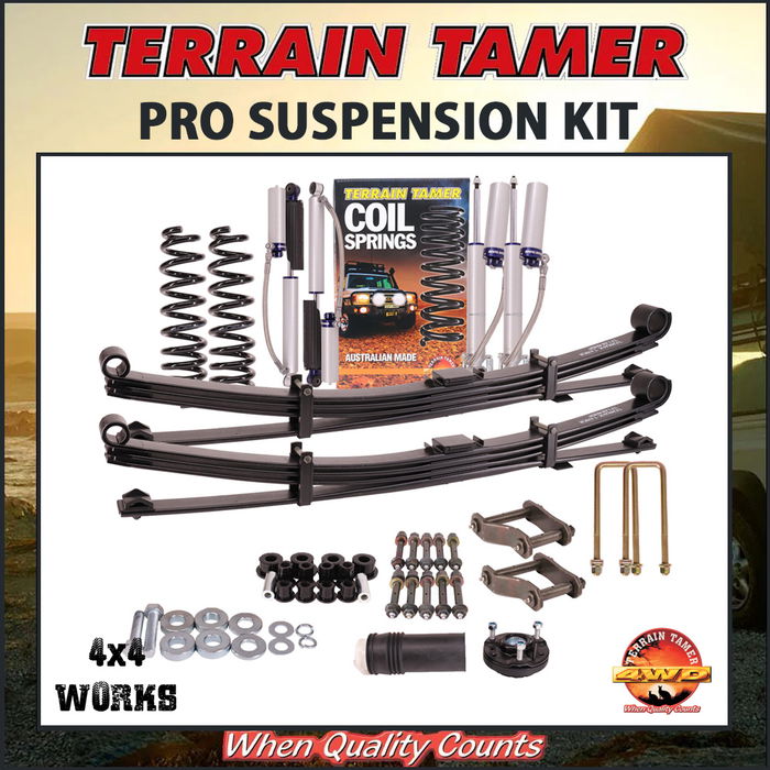 Suspension kit including leaf or coil springs, bypass shock absorbers, bushes or bolts